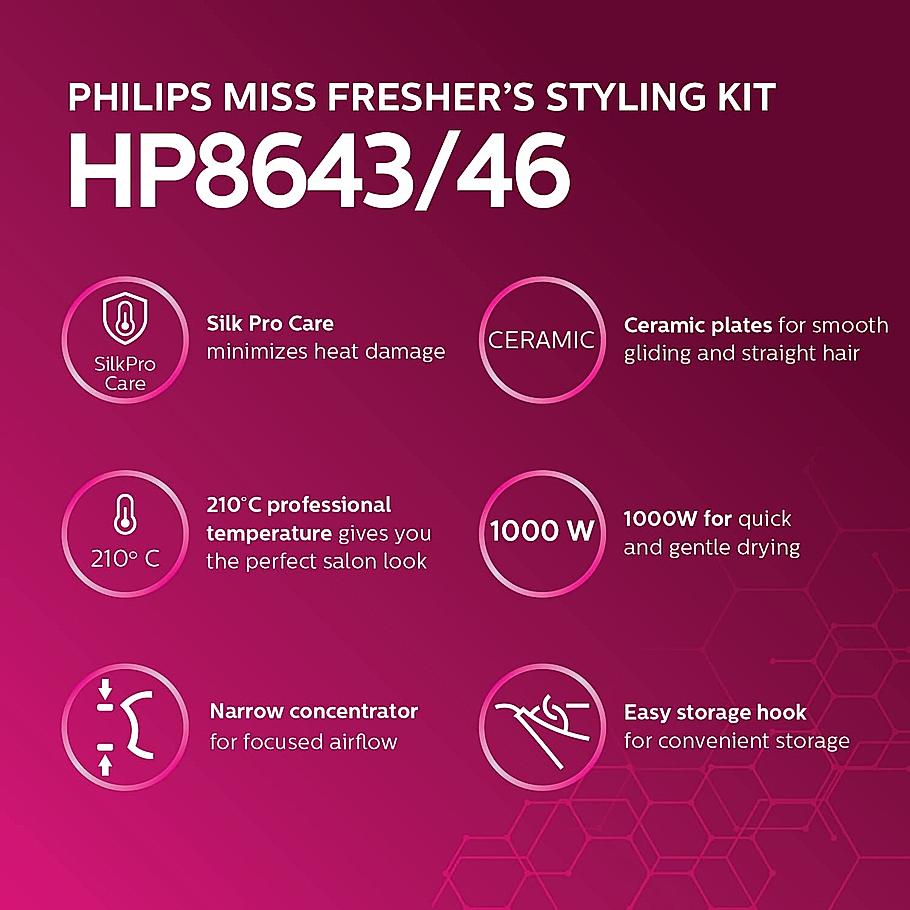 Philips Miss Fresher's Straightener & Dryer Combo Kit- | For Everyday MultiStyling | 1000 Watts | HP8643/46