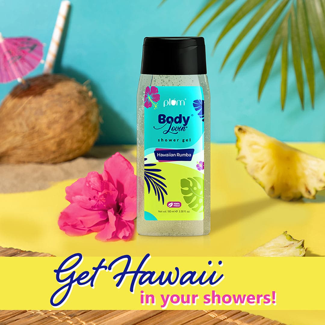 Plum Plum BodyLovin' Hawaiian Rumba Shower Gel (100ml) | Body Wash | Travel-Friendly | Beachy Fragrance | Super-Lathering | SLS-Free | Hydrating Formula | Fresh Beachy Fragrance | Aloe-Infused Body Wash, 100ml