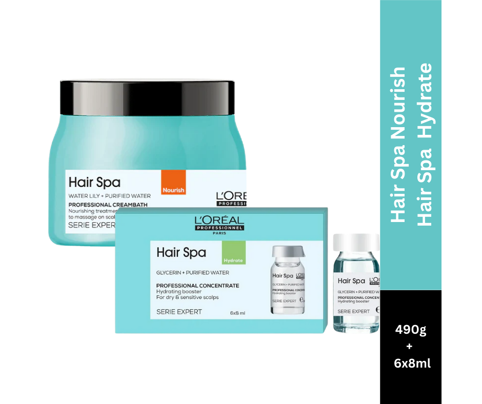 L'Oreal Professionnel Paris Hair Spa Nourish Creambath, 490g and L'Oreal Professionnel Hair Spa Hydrating Concentrate, 6x8ml – Combo