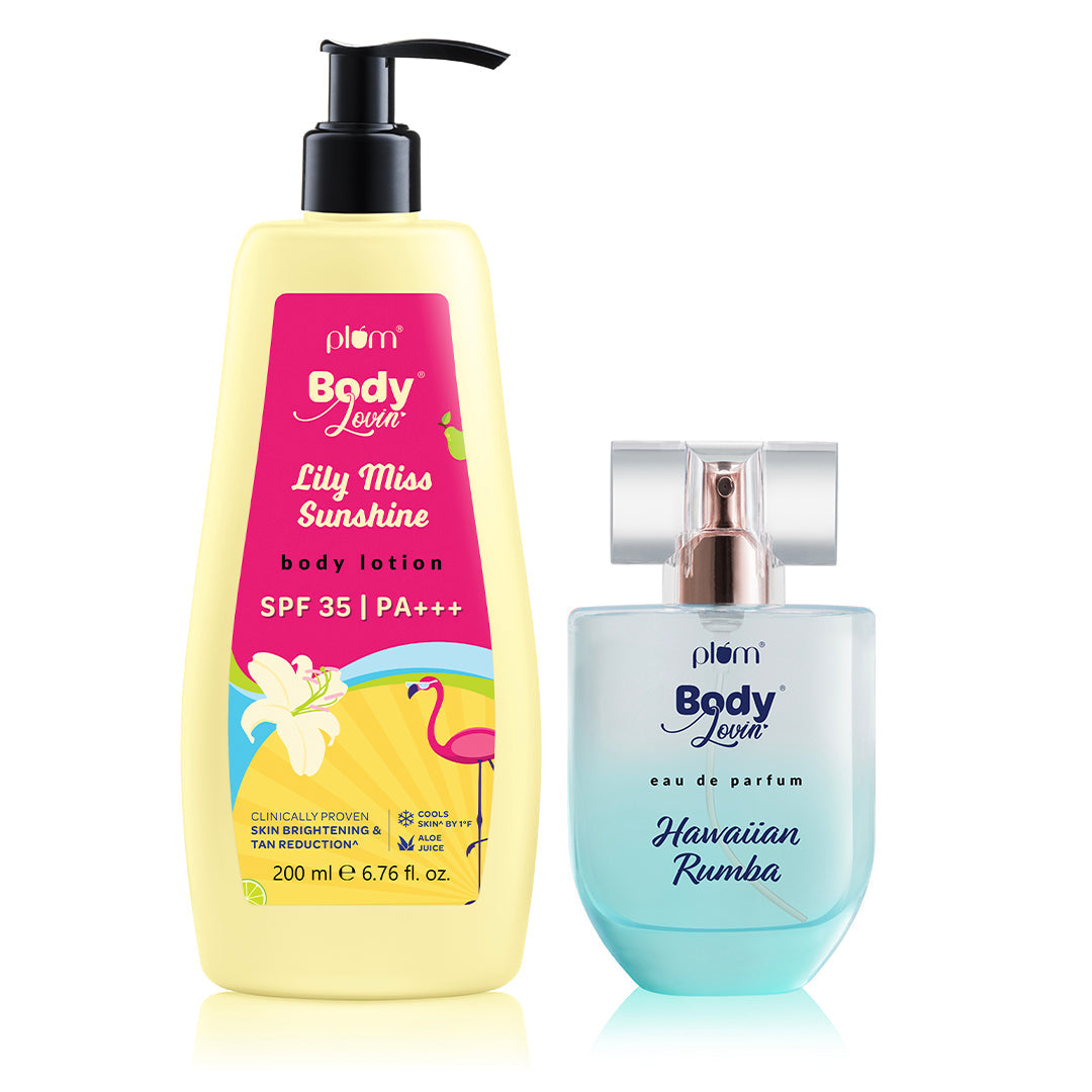 Plum Summer Essentials Duo by Plum BodyLovin | Lily Miss Sunshine Body Lotion | Hawaiian Rumba Perfume | Summer Essentials