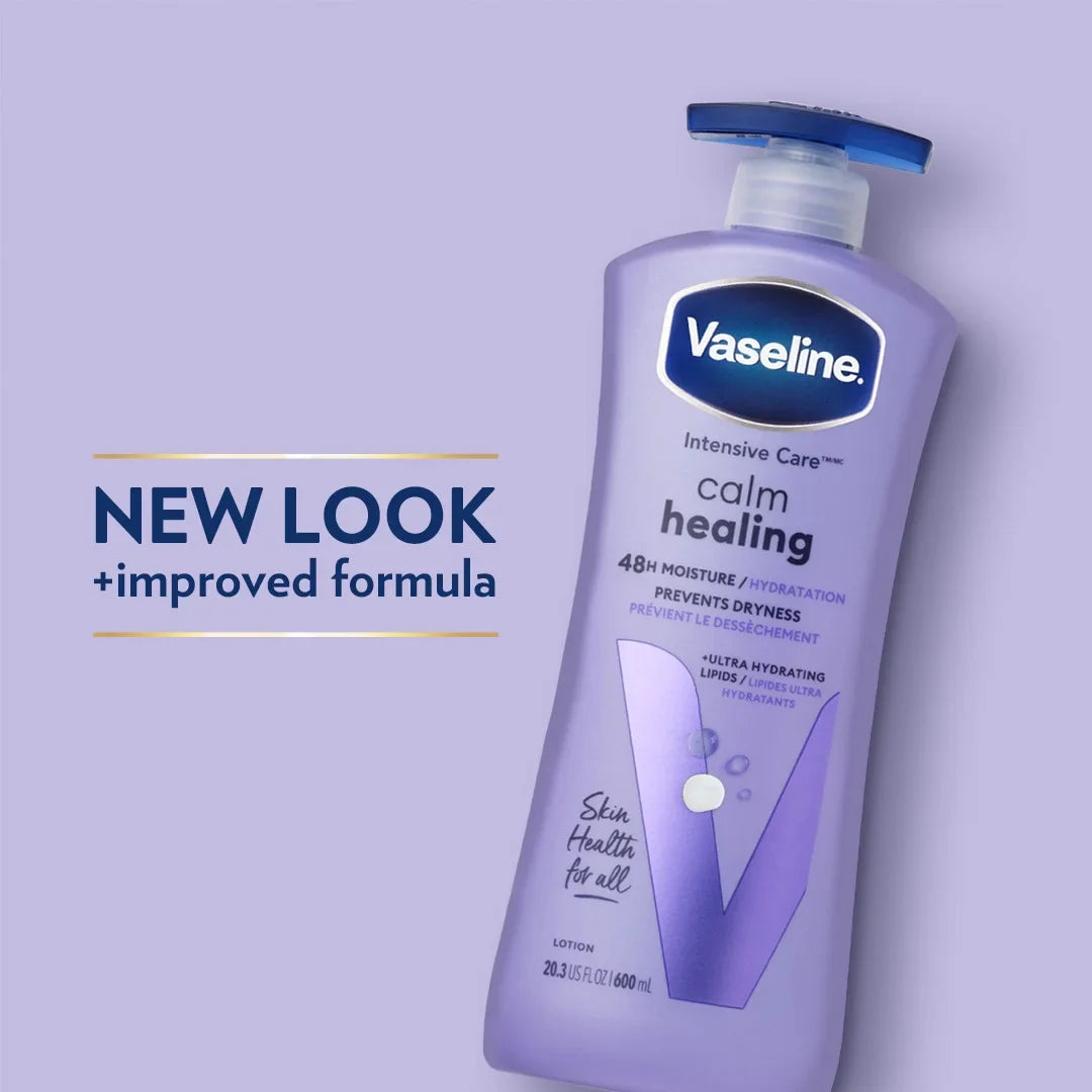 Vaseline Intensive Care lotion bottle on a light purple background with text about new look and improved formula.