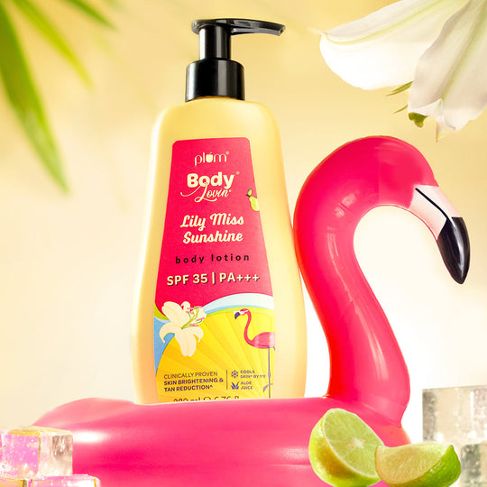 Plum Lily Miss Sunshine Sunscreen Body Lotion SPF 35 PA+++ by Plum BodyLovin' | No White Cast | Reduces Tan | Brightens, Cools & Hydrates Skin | Fresh Fruity-Floral Fragrance, 200ml Buy at Indicrest