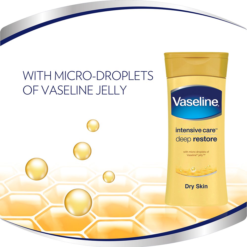 Vaseline intensive care deep restore lotion with text about micro-droplets of Vaseline jelly on a white background.