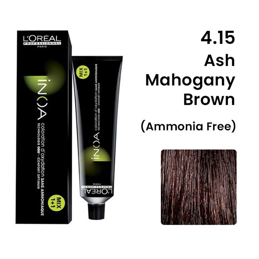 L'Oreal  Professionnel Paris - 4.15 Ash Mahogany Brown - Inoa Ammonia Free Permanent Colour - Mix 1:1 - (60g) - Indicrest