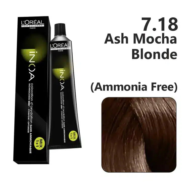 L'Oreal  Professionnel Paris - 7.18 Ash Mocha Blonde - Inoa Ammonia Free Permanent Colour - Mix 1:1 - (60g) - Indicrest