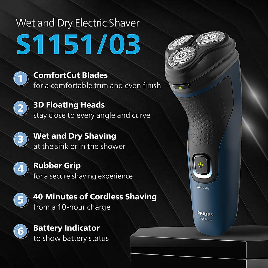 Philips Electric Shaver - I Wet and Dry Shave, 3D Floating Heads, 27 Self Sharpening Blades, Cordless, Waterproof S1151/03
