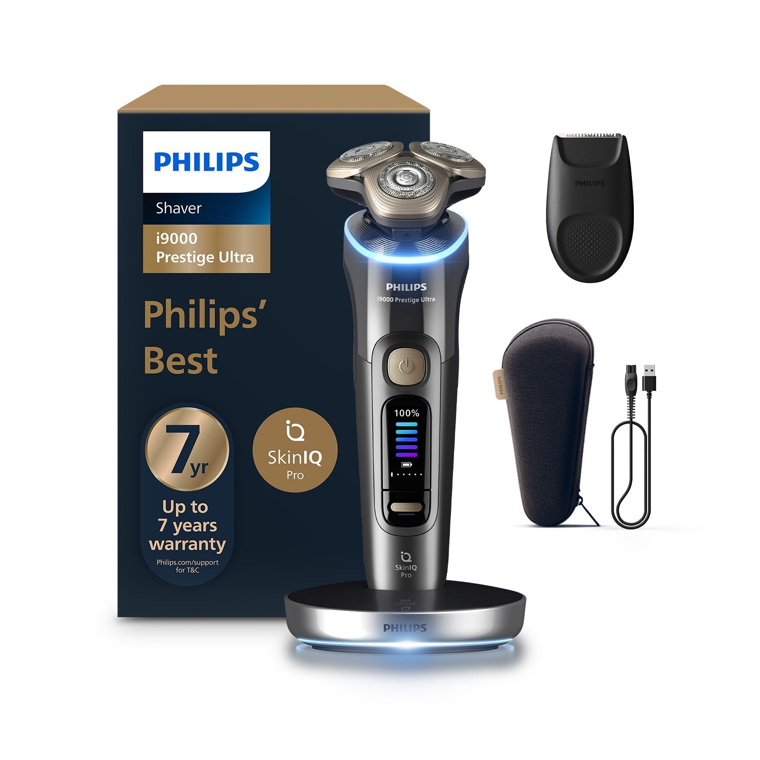 Philips Shaver i9000 Prestige Ultra, Wet & Dry Electric Shaver, Dark Slate, Skin IQ Pro Technology, Triple Lift & Cut System, 360 Rotating noTech Precision Blades, 5 Shaving Modes, Model XP9402/11