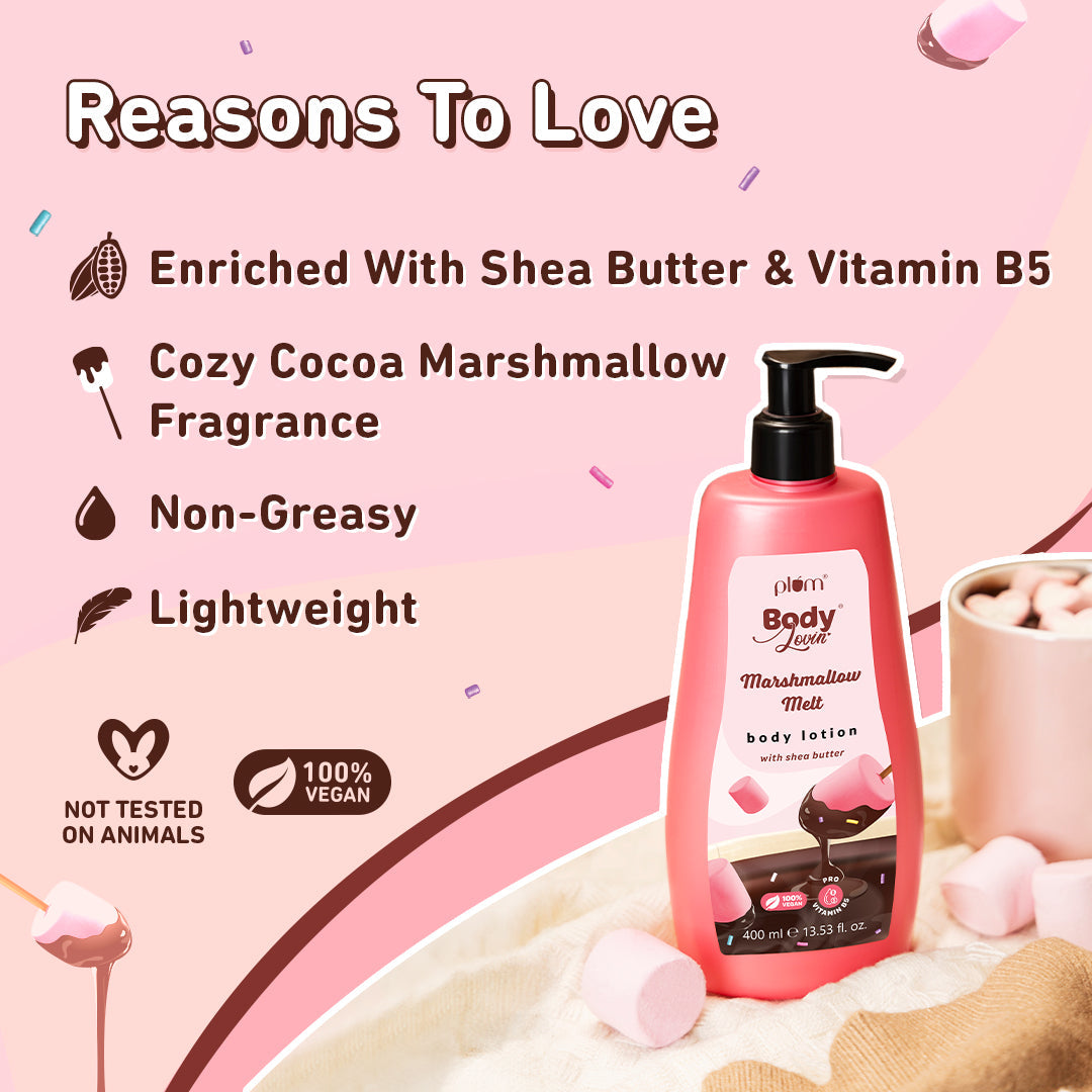Plum Marshmallow Melt Body Lotion by Plum BodyLovin' | Instant & Intense Moisturization | Shea Butter & Vitamin B5 | Marshmallow Cocoa Fragrance | Non-Greasy | Normal To Dry Skin, 400ml