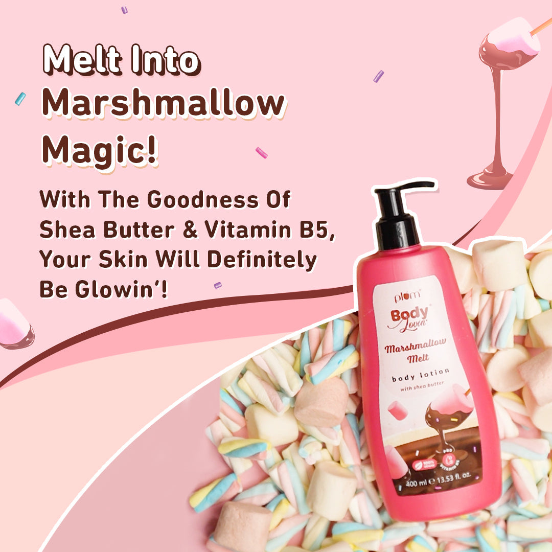 Plum Marshmallow Melt Body Lotion by Plum BodyLovin' | Instant & Intense Moisturization | Shea Butter & Vitamin B5 | Marshmallow Cocoa Fragrance | Non-Greasy | Normal To Dry Skin, 400ml