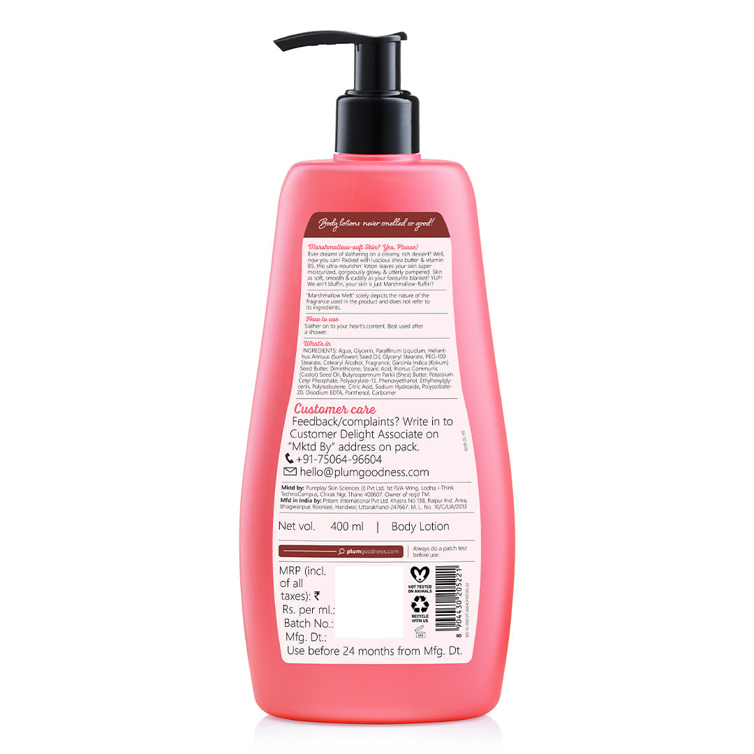Plum Marshmallow Melt Body Lotion by Plum BodyLovin' | Instant & Intense Moisturization | Shea Butter & Vitamin B5 | Marshmallow Cocoa Fragrance | Non-Greasy | Normal To Dry Skin, 400ml