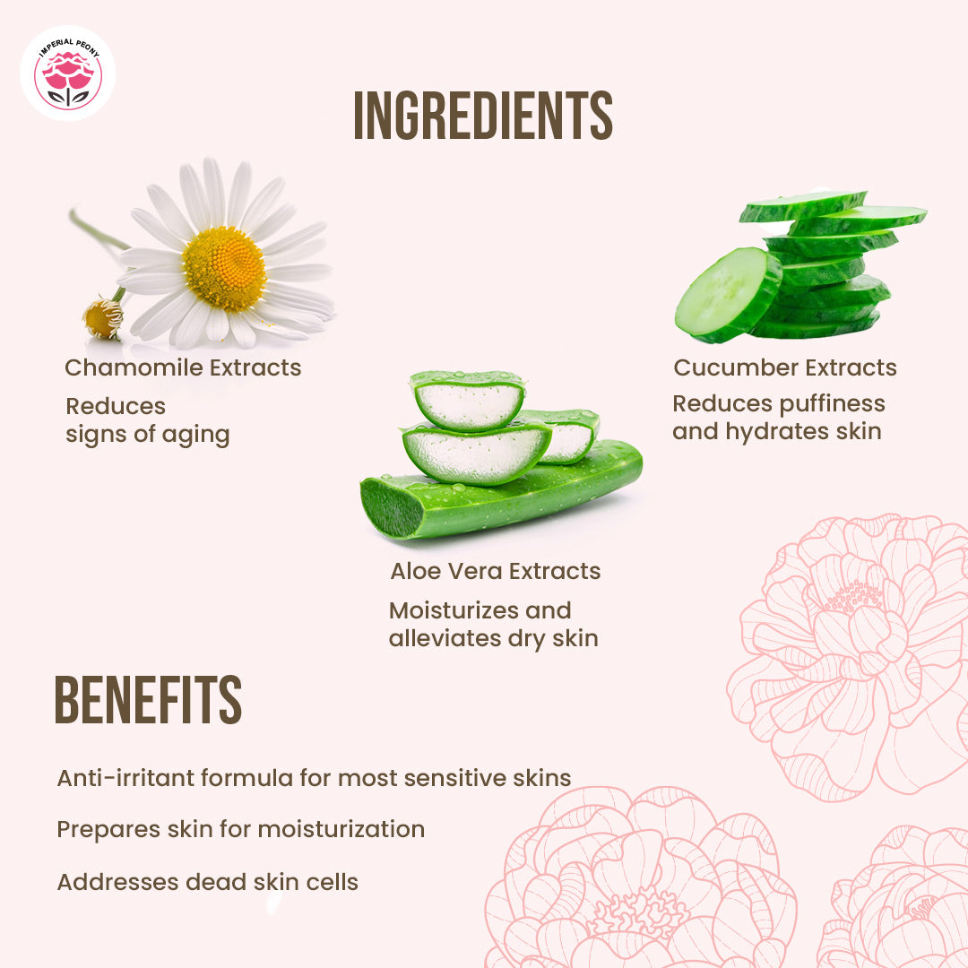 Product ingredients and benefits with images of chamomile, aloe vera, and cucumber on a light background.