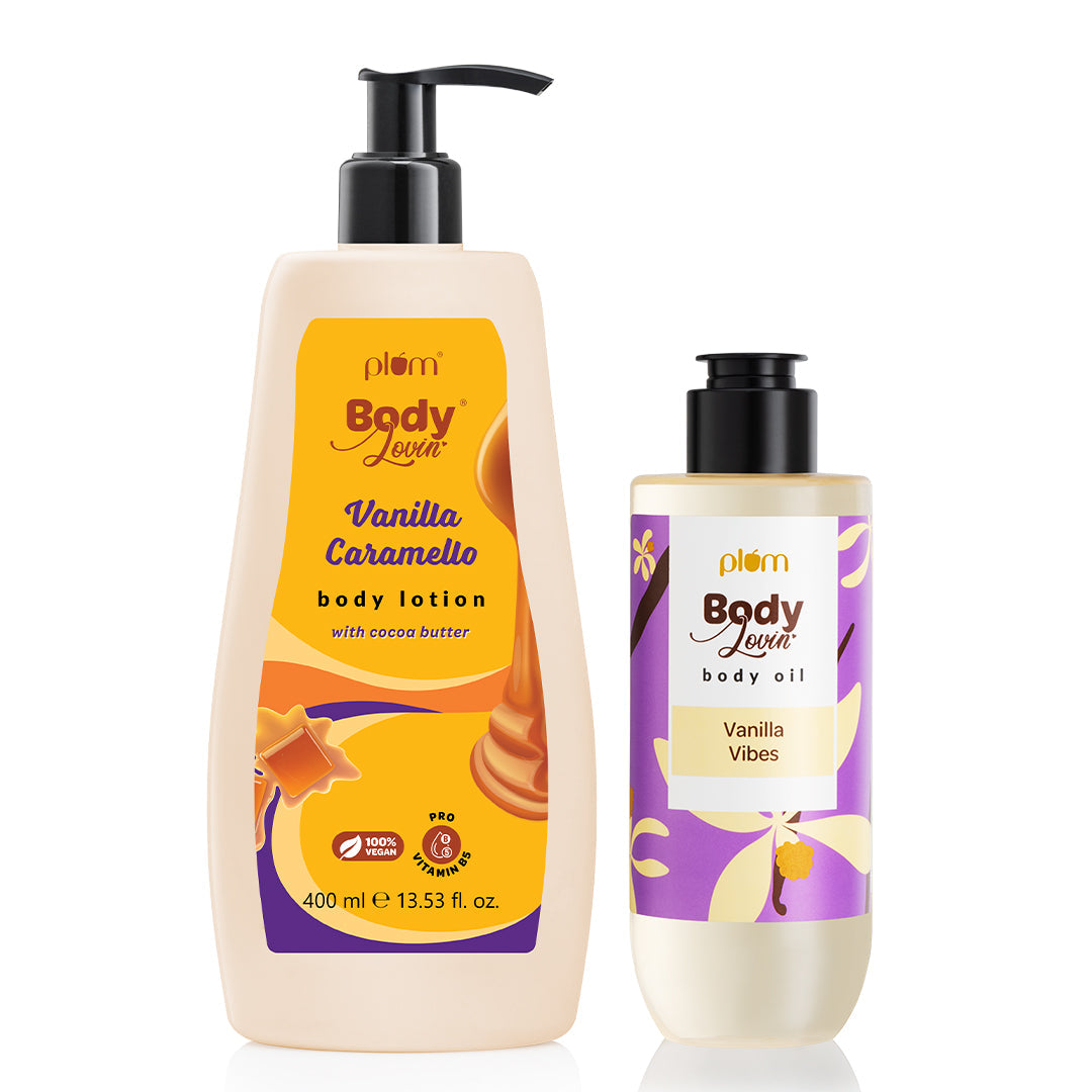 Plum Moisture Superstars Duo by Plum BodyLovin' | Vanilla Caramello Body Lotion | Vanilla Vibes Body Oil | Intense Moisturse | Glowing Skin | Warm Vanilla Delicious Fragrance