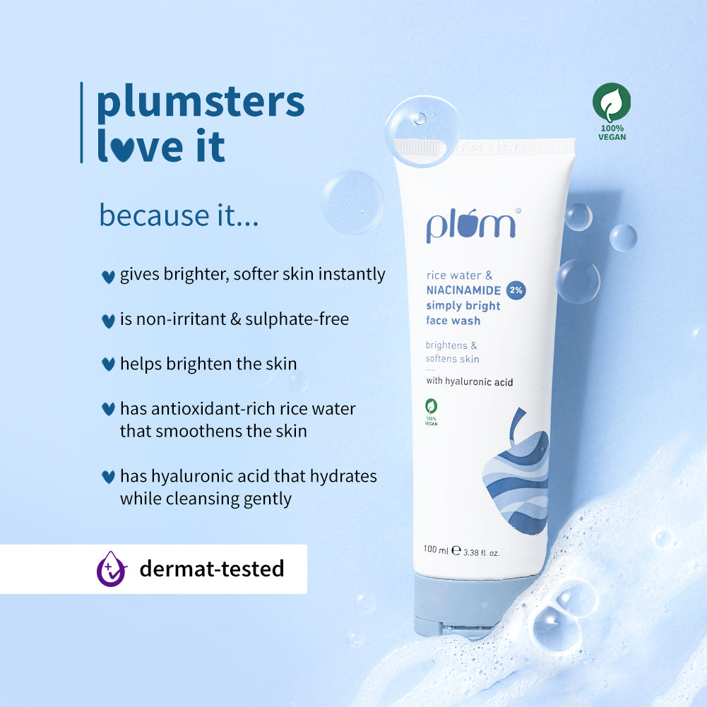 Plum 2% Niacinamide & Rice Water Face Wash | Removes 99% Impurities | Gentle & Non-Drying | Dermat-Tested, 100ml