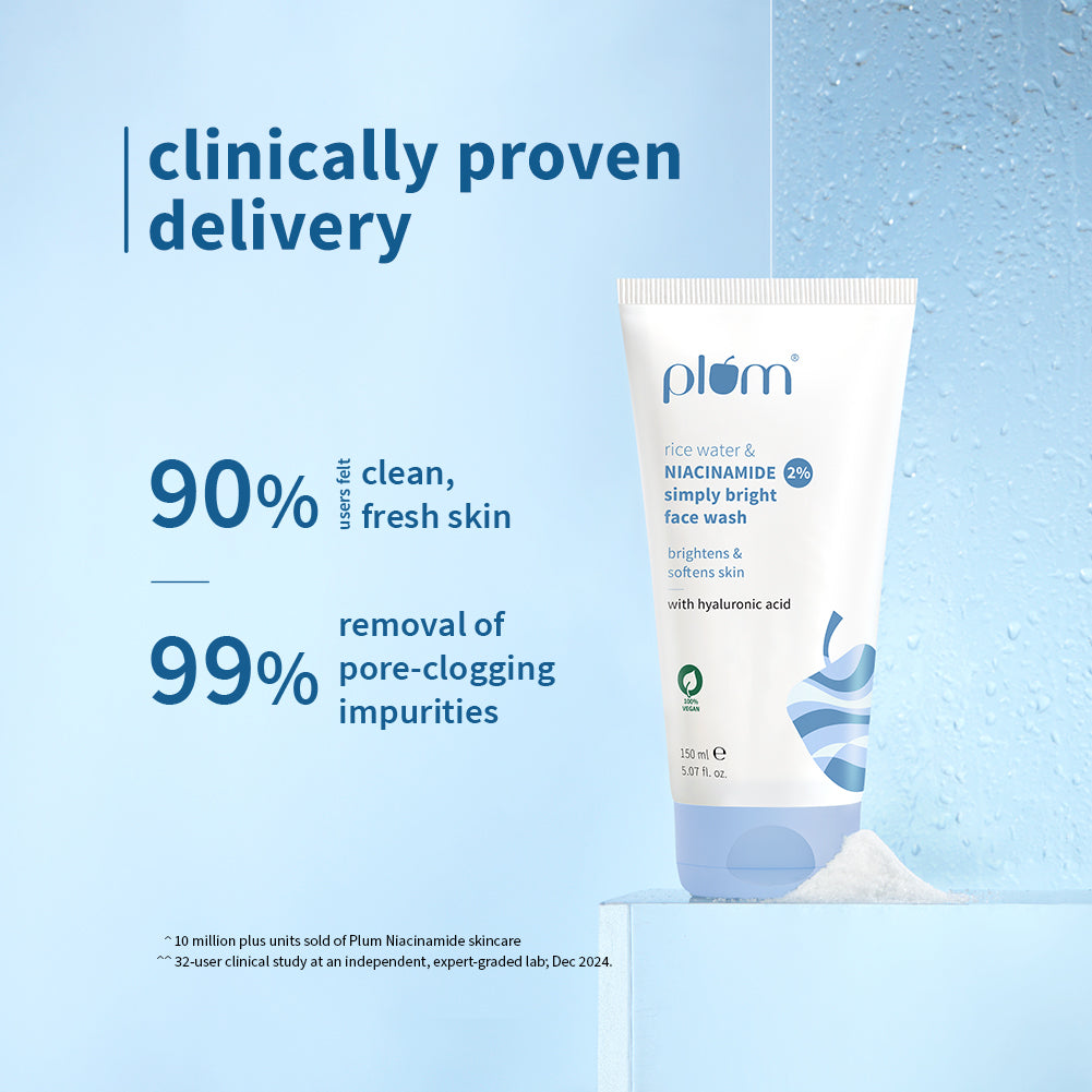 Plum 2% Niacinamide & Rice Water Face Wash | Removes 99% Impurities | Gentle & Non-Drying | Dermat-Tested, 150ml