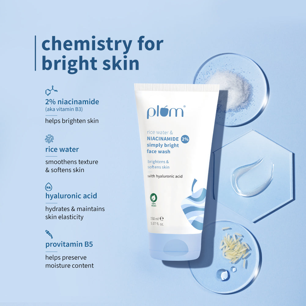 Plum 2% Niacinamide & Rice Water Face Wash | Removes 99% Impurities | Gentle & Non-Drying | Dermat-Tested, 100ml