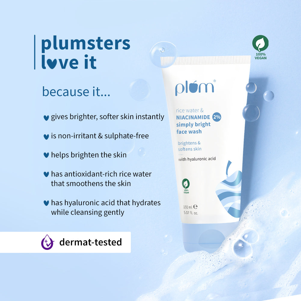 Plum 2% Niacinamide & Rice Water Face Wash | Removes 99% Impurities | Gentle & Non-Drying | Dermat-Tested, 100ml