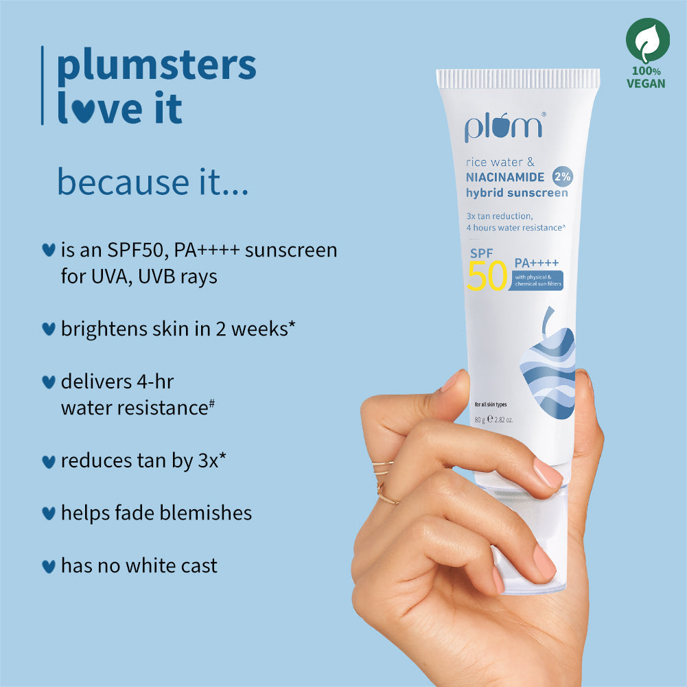 Plum 2% Niacinamide & Rice Water SPF 50 PA++++ Brightening Sunscreen | 3X Tan Reduction | 4-Hr Water Resistant | Dermat-Tested | No White Cast, 50g