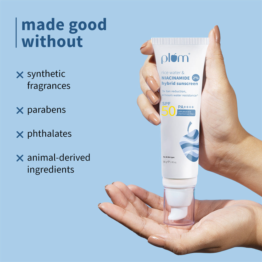 Plum 2% Niacinamide & Rice Water SPF 50 PA++++ Brightening Sunscreen Duo | 3X Tan Reduction | 4-Hr Water Resistant | Dermat-Tested | No White Cast, 50g x 2