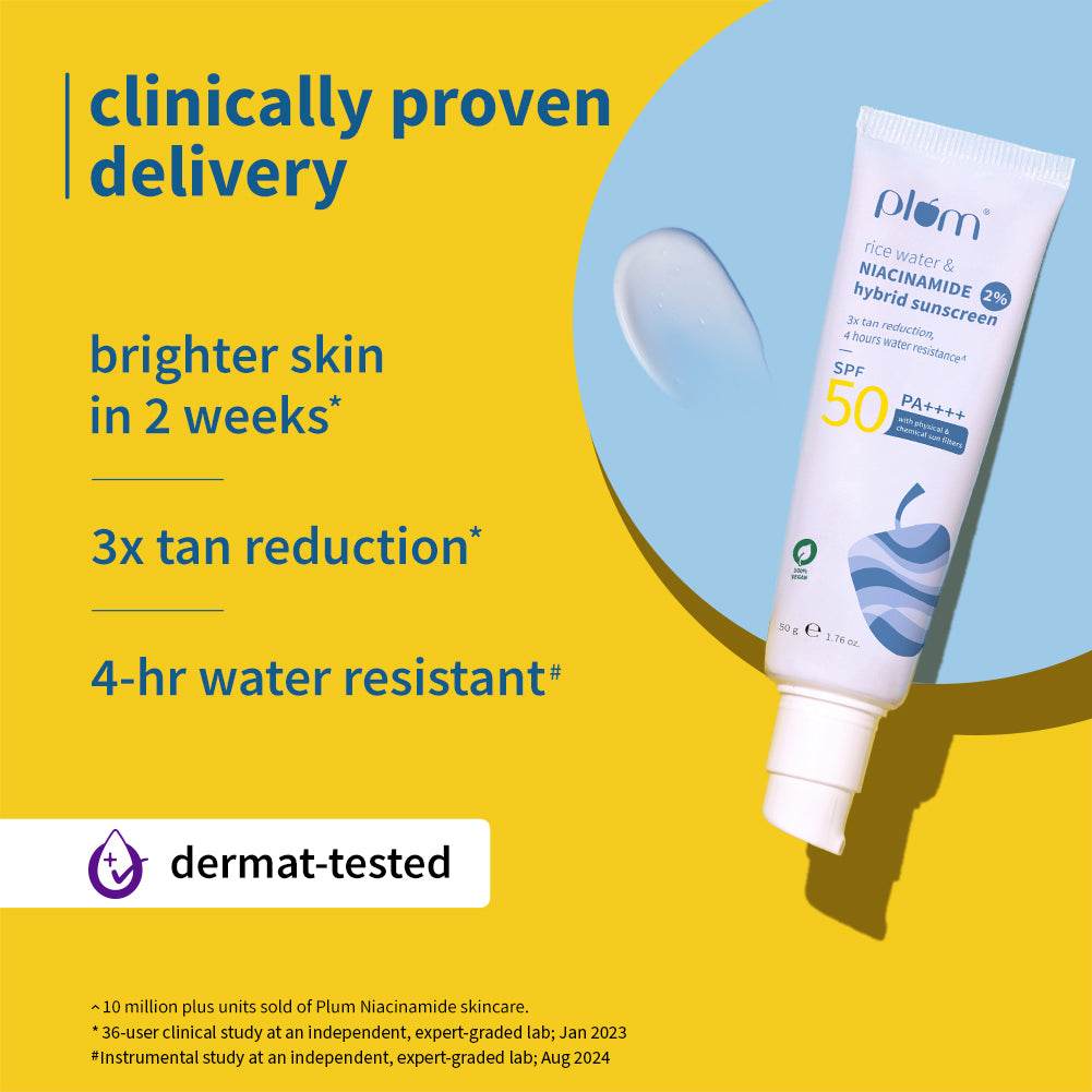 Plum 2% Niacinamide & Rice Water SPF 50 PA++++ Brightening Sunscreen | 3X Tan Reduction | 4-Hr Water Resistant | Dermat-Tested | No White Cast, 50g