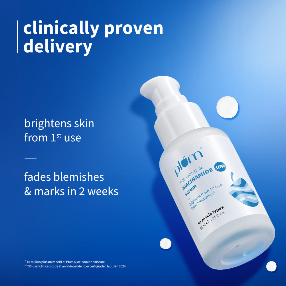 Plum 10% Niacinamide & Rice Water Brightening Face Serum | Brightens From 1st Use | 2X Instant Hydration | Dermat-Tested, 50ml