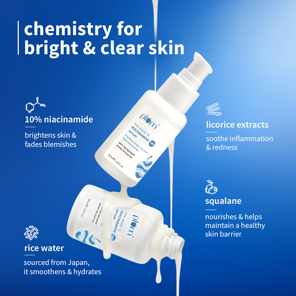 Plum 10% Niacinamide & Rice Water Brightening Face Serum | Brightens From 1st Use | 2X Instant Hydration | Dermat-Tested, 50ml