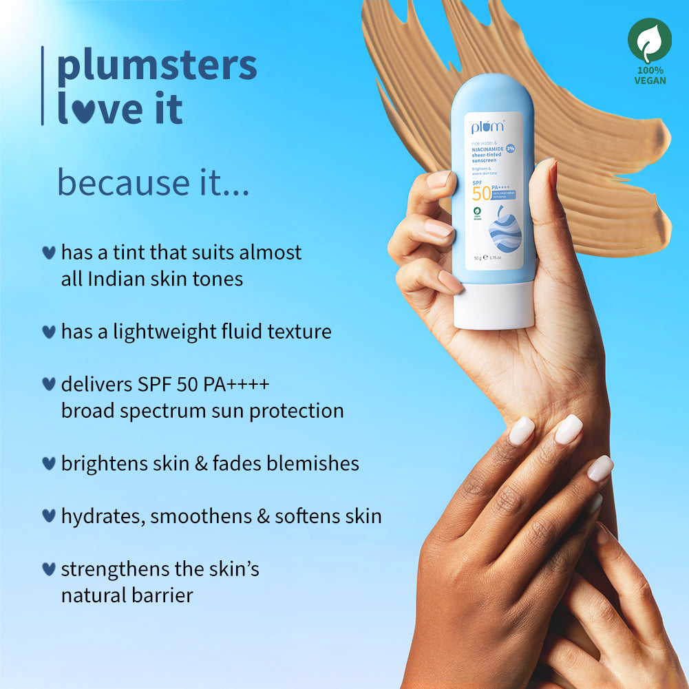 Plum 3% Niacinamide & Rice Water SPF 50 Sheer-Tinted Sunscreen | Universal Tint For Most Indian Skin Tones | Non-Greasy, 50g