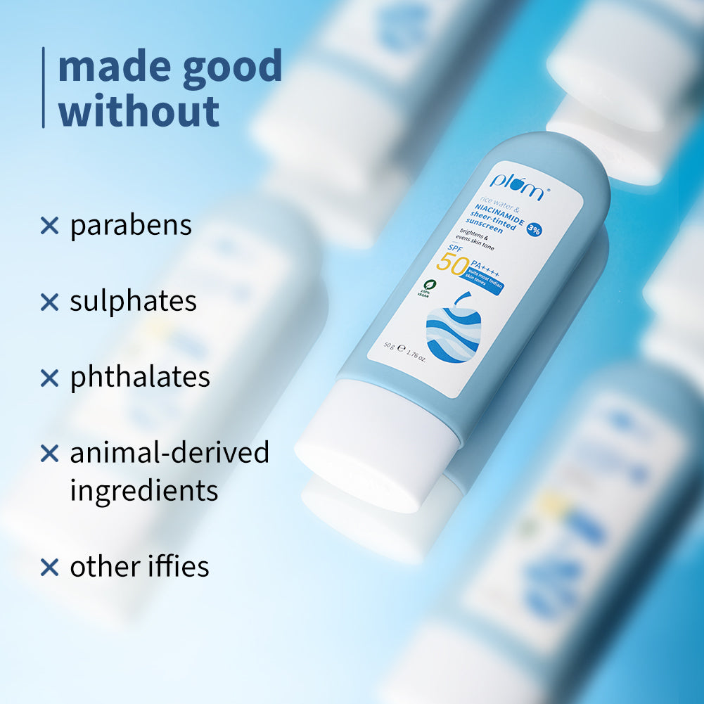 Plum 3% Niacinamide & Rice Water SPF 50 Sheer-Tinted Sunscreen | Universal Tint For Most Indian Skin Tones | Non-Greasy, 50g