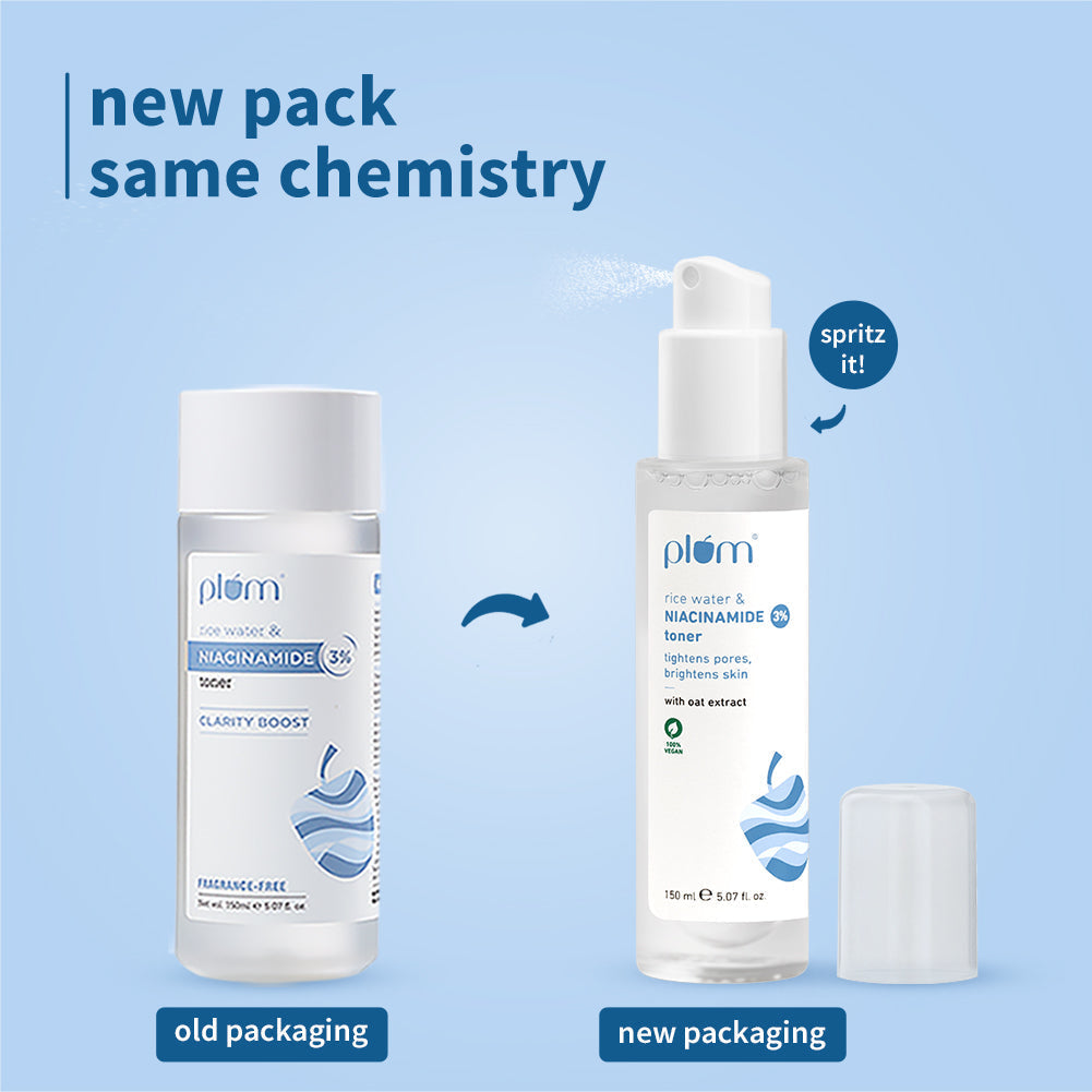 Plum 3% Niacinamide & Rice Water Toner for Bright Skin | Reduces Pores In 3 Days | Alcohol-Free | Dermat-Tested, 150ml
