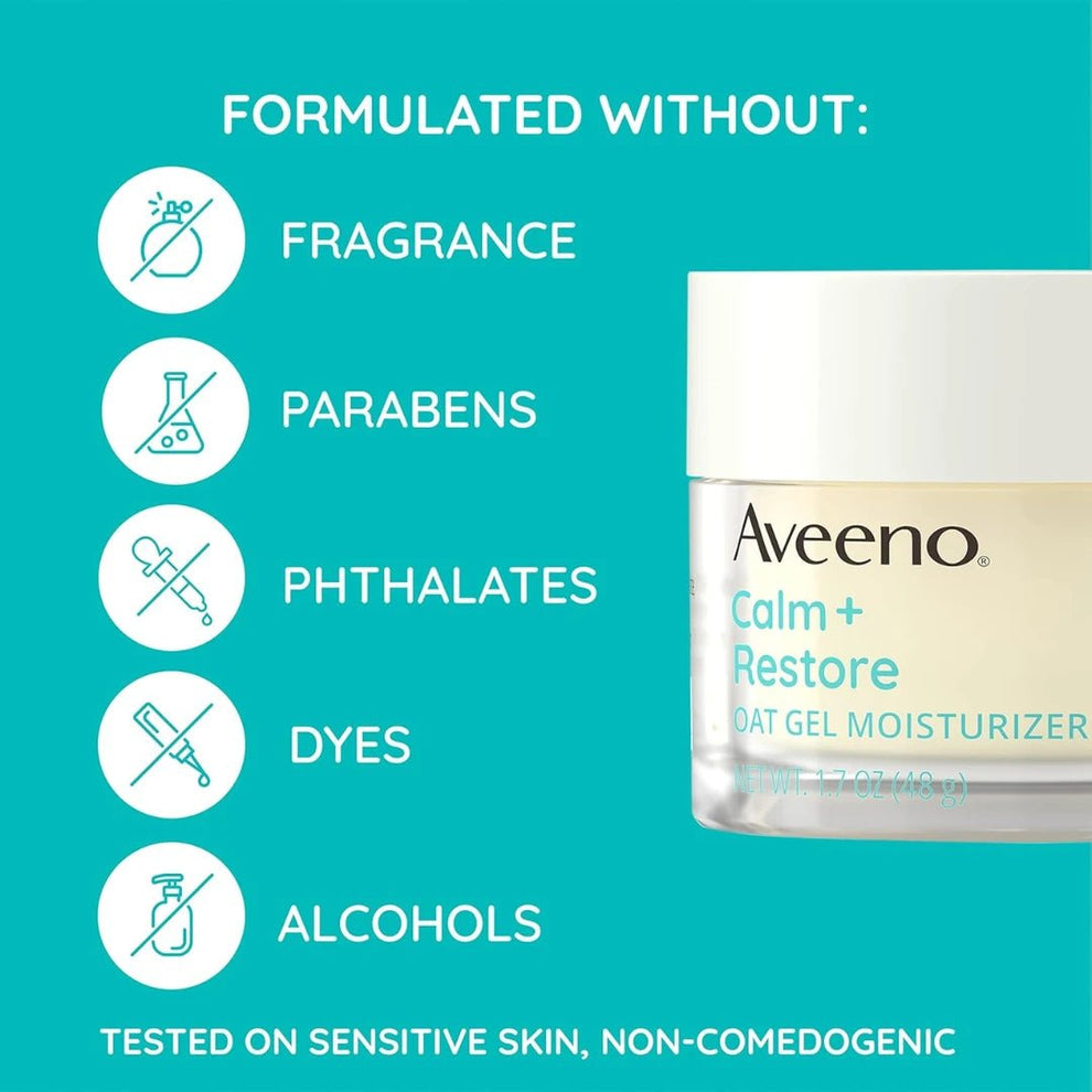 Aveeno Calm + Restore Gel Moisturizer with ingredients not included listed on a teal background