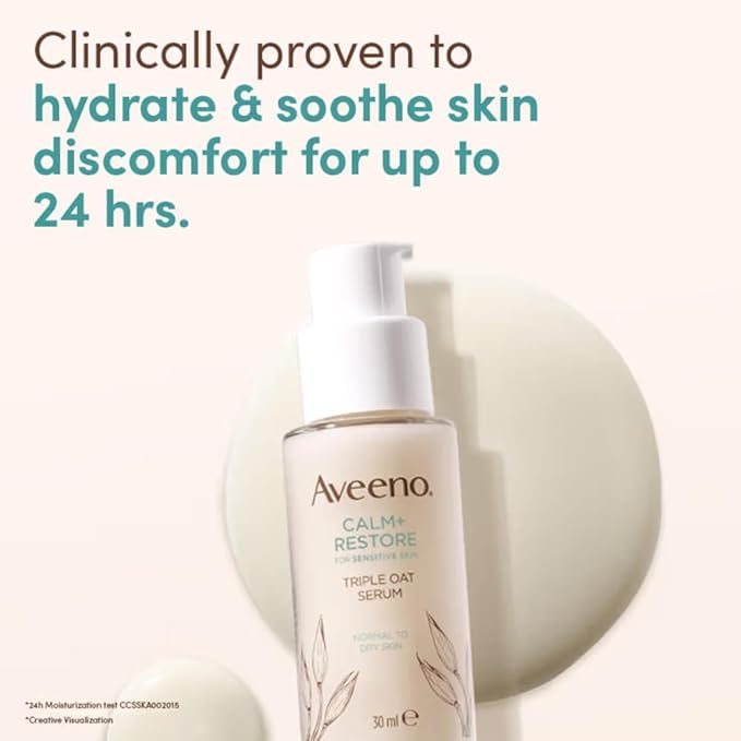 Aveeno triple oat serum bottle with text about skin hydration and soothing on a light background