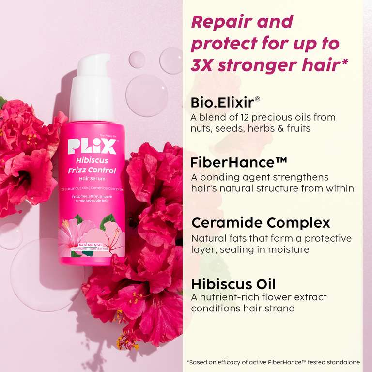 Plix Hibiscus Frizz Control Hair Serum | Powered by 13 Oils for 3X Stronger, Shinier Hair, 50ml