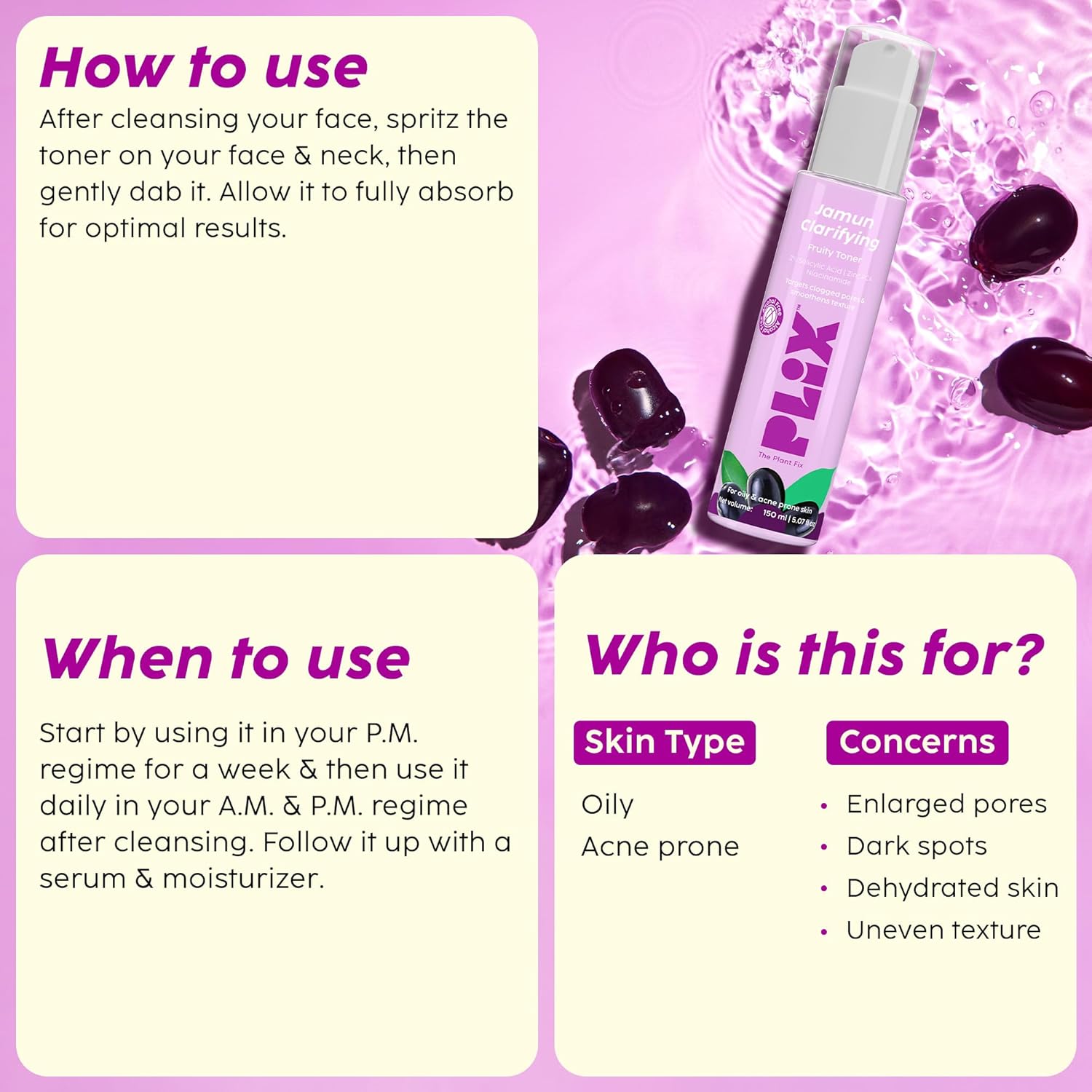 Plix Jamun Clarifying Fruity Toner for Pore Refining & Reducing Acne, 150ml