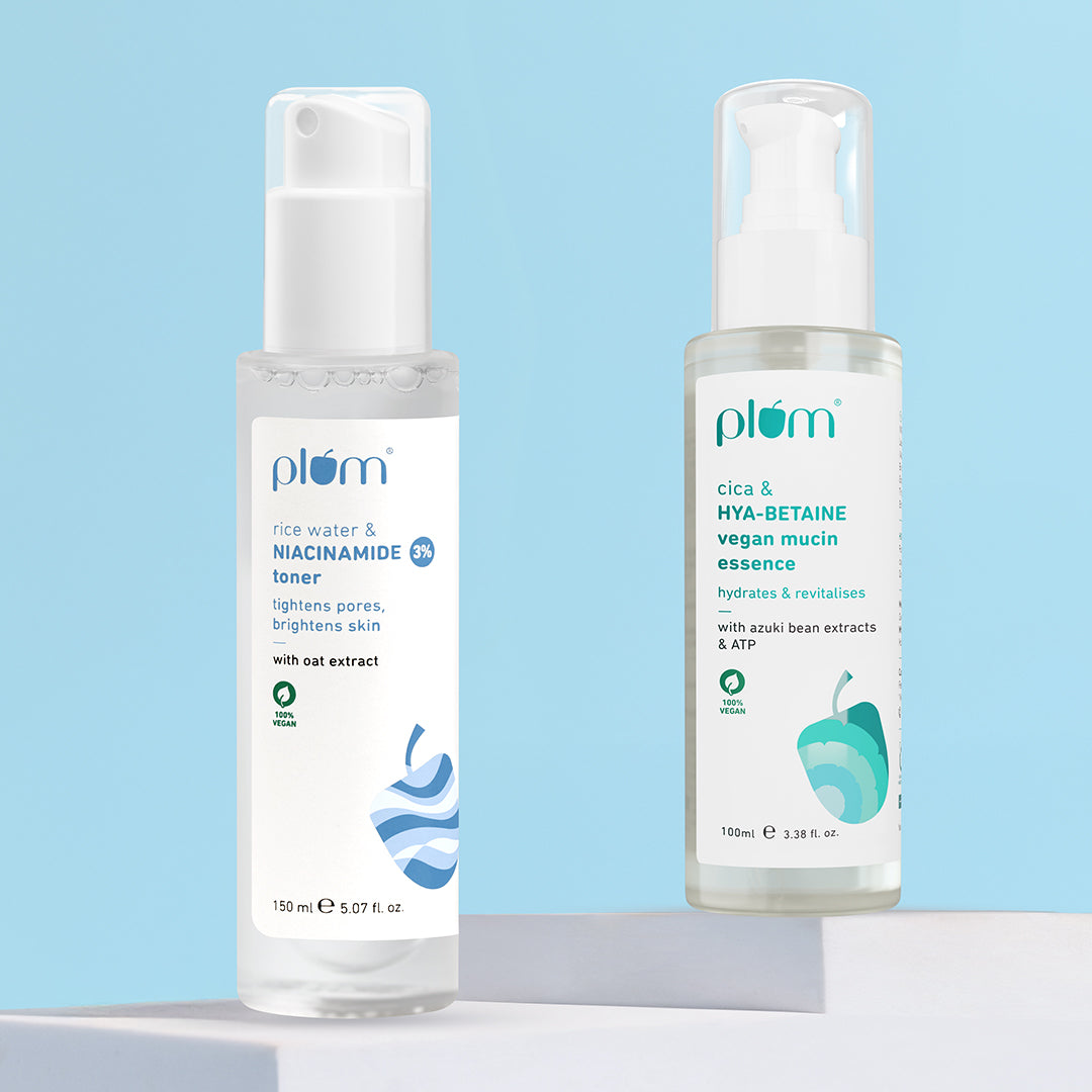 Plum The Glass-ic Duo | Rice Water & 3% Niacinamide Face Toner |Cica & Hya-Betaine Vegan Mucin Face Essence | Brightens Skin | Intense Hydration | Smoothens Skin Texture | Soothing & Rejuvenating