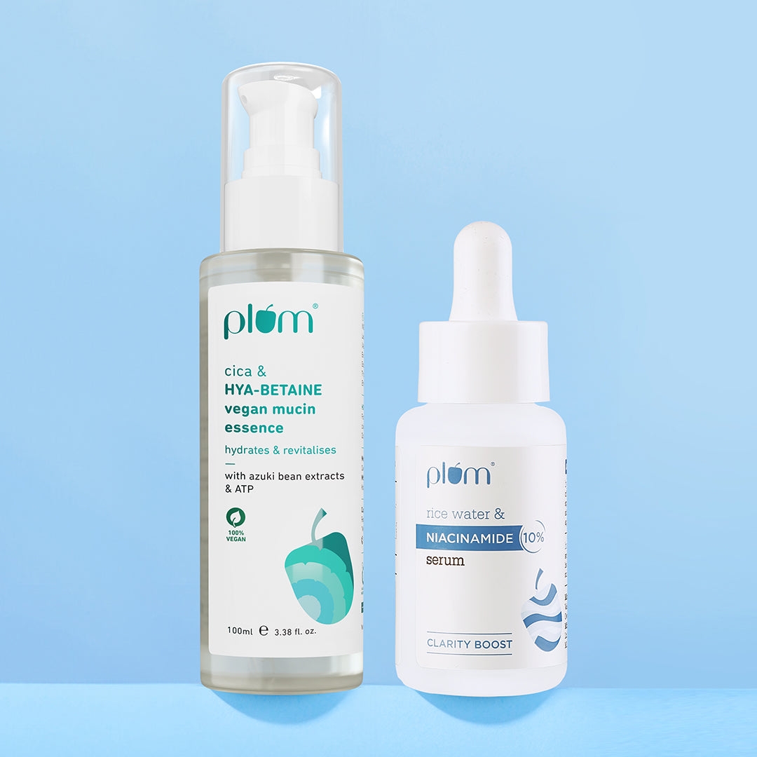 Plum Brightening & Hydrating Combo | Cica & Hya-Betaine Vegan Mucin Face Essence | Rice Water & 10% Niacinamide Face Serum | Brightens Skin | Fades Blemishes | Intense Hydration | Soothing & Rejuvenating