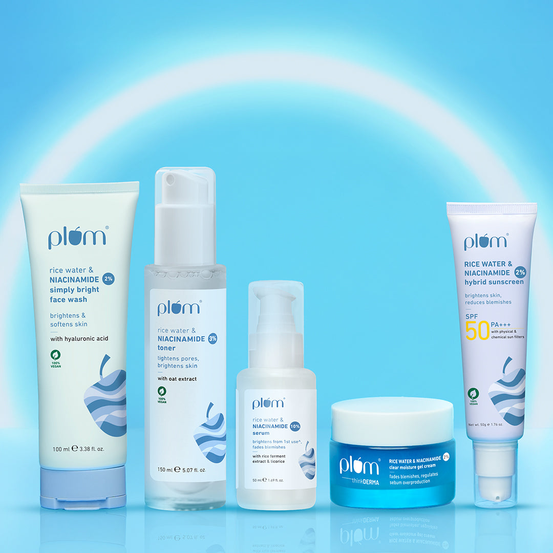 Plum Niacinamide Bright & Clear Skin Combo | Face Wash, Toner, Serum, Gel Moisturizer & SPF 50 PA+++ Sunscreen | Brightens Skin | Fades Blemishes | Smoothens Skin Texture | For All Skin Types