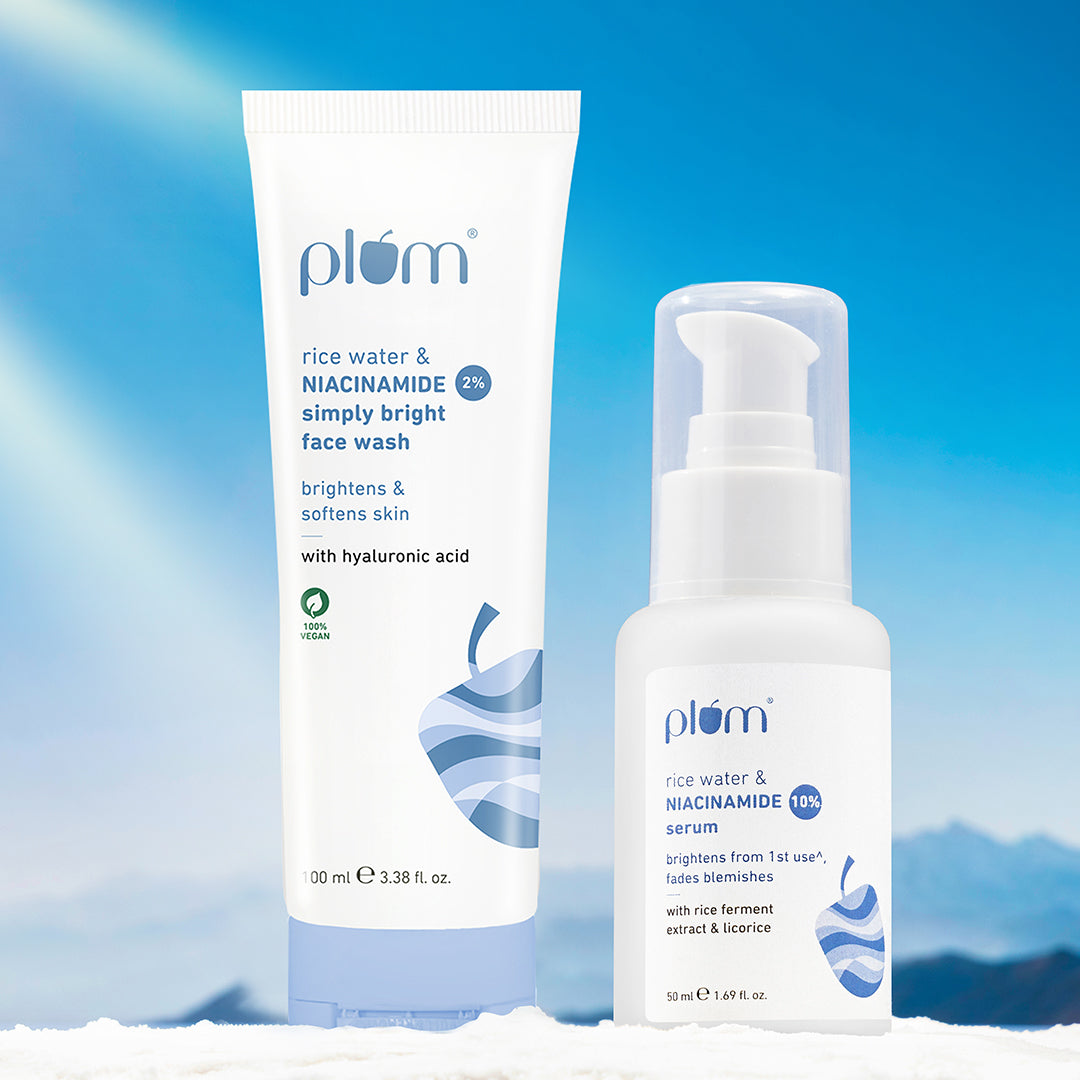 Plum Skin Brightening Combo | Rice Water & 2% Niacinamide Face Wash | Rice Water & 10% Niacinamide Face Serum | Brightens Skin | Fades Blemishes | Gently Cleanses | All Skin Types