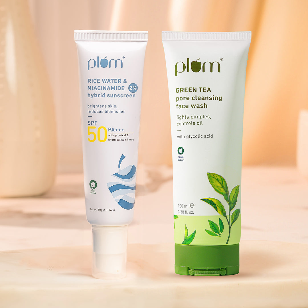 Plum Cleanse & Protect Duo For Oily Skin | Green Tea Pore Cleansing Face Wash 100ml | Rice Water & NiacinamideSunscreen 50g | Brightens Skin|UVA & UVB Protection | Fights Pimples | Controls Excess Oil