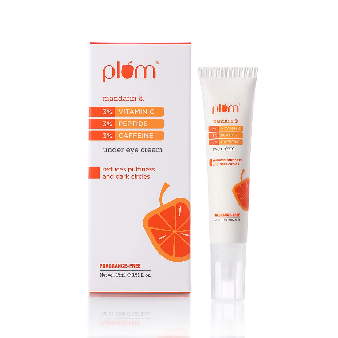Plum 3% Vitamin C, 3% Peptide & 3% Caffeine Under Eye Cream with Mandarin | Boosts Glow | Fades Dark Spots | Reduces Puffiness, 15ml