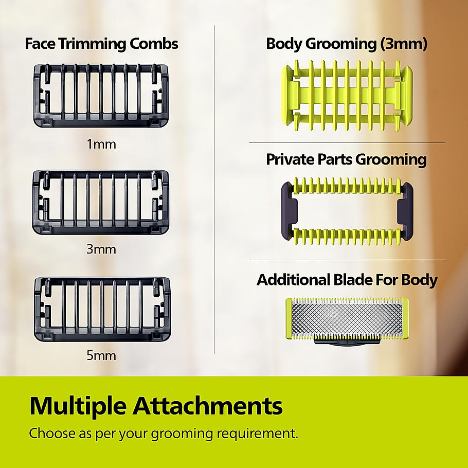 Philips OneBlade - Hybrid Trimmer & RazorI Face + Body I No Cuts Grooming for Private Parts I Best Zero Trim for Face and Body I Includes - 2 Blades, 2 body Comb & 3 Trim combs I QP1624/10