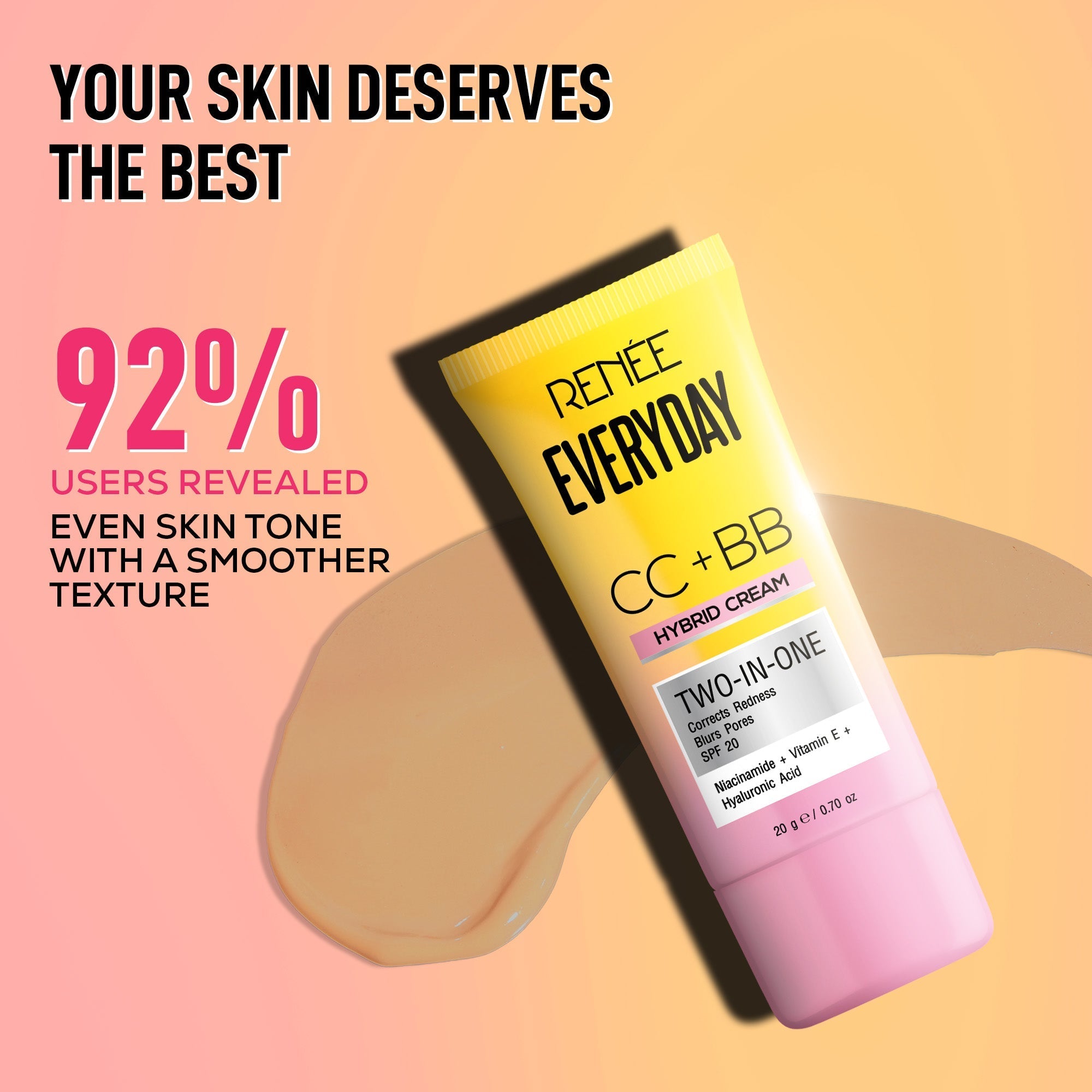 RENEE Everyday CC + BB Hybrid Cream With SPF 20, Honey Drop,20g