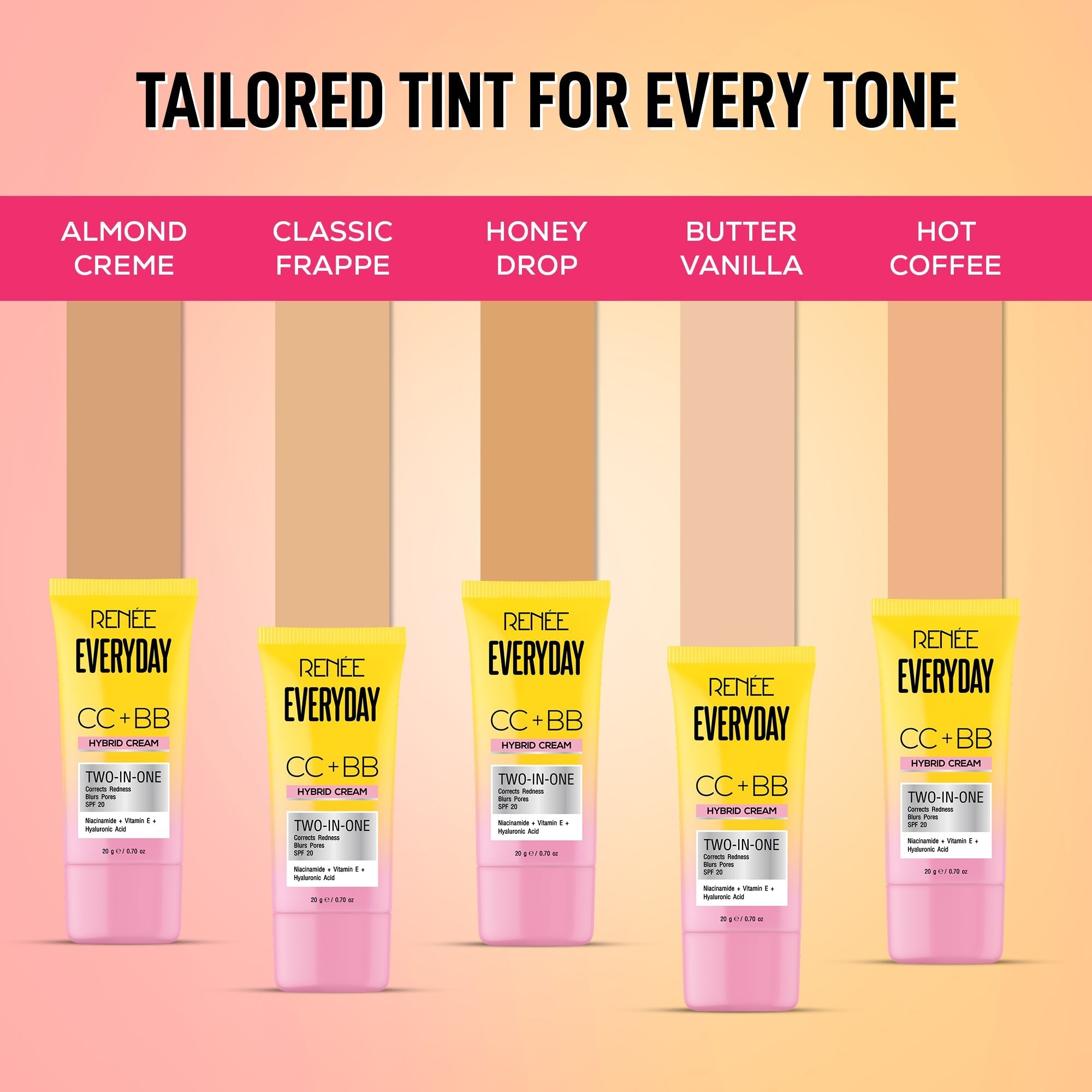 RENEE Everyday CC + BB Hybrid Cream With SPF 20, Honey Drop,20g