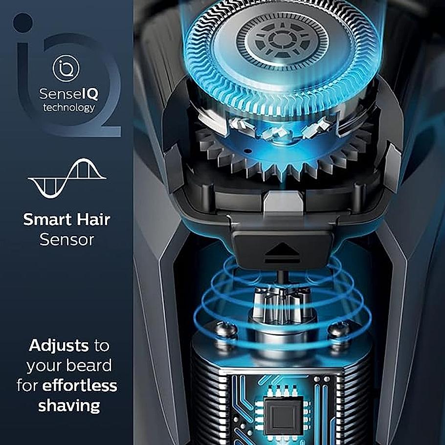 Philips Electric Shaver- SenseIQ Technology Power Adapt Sensor | 360D Flexing heads Integrated pop up trimmer I 90K cutting action per minute |Wet & Dry Shave | S5582/20