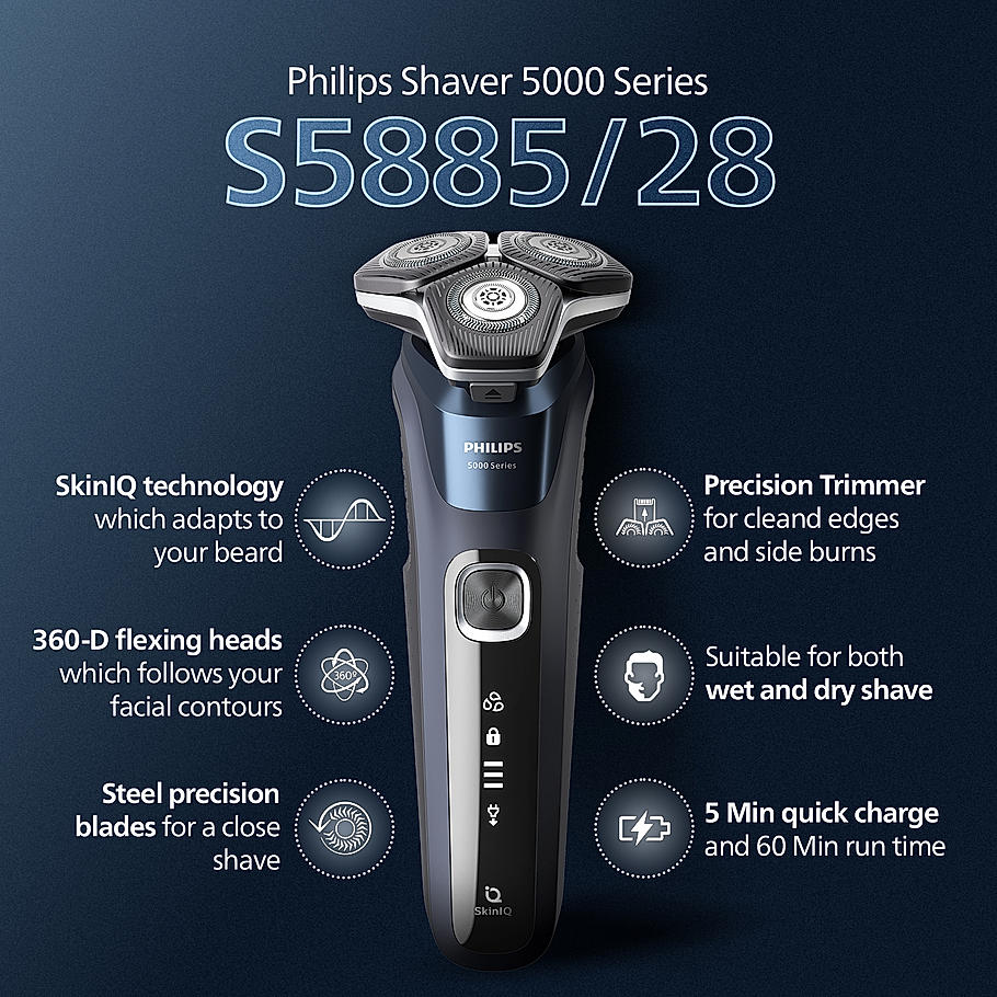 Philips Electric Shaver- | Wet & Dry | Steel Precision Blades | SkinIQ Technology | Power Adapt Sensor | 360 D Flexing heads | Integrated Pop up Trimmer | Delivers a Powerful Shave, Cuts More Hair Per Stroke* | S5885/28