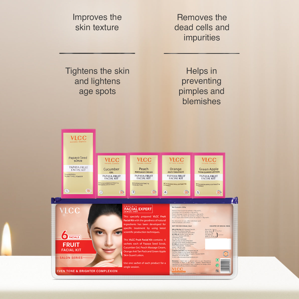 VLCC facial expert kit with product packaging and benefits listed on a beige background