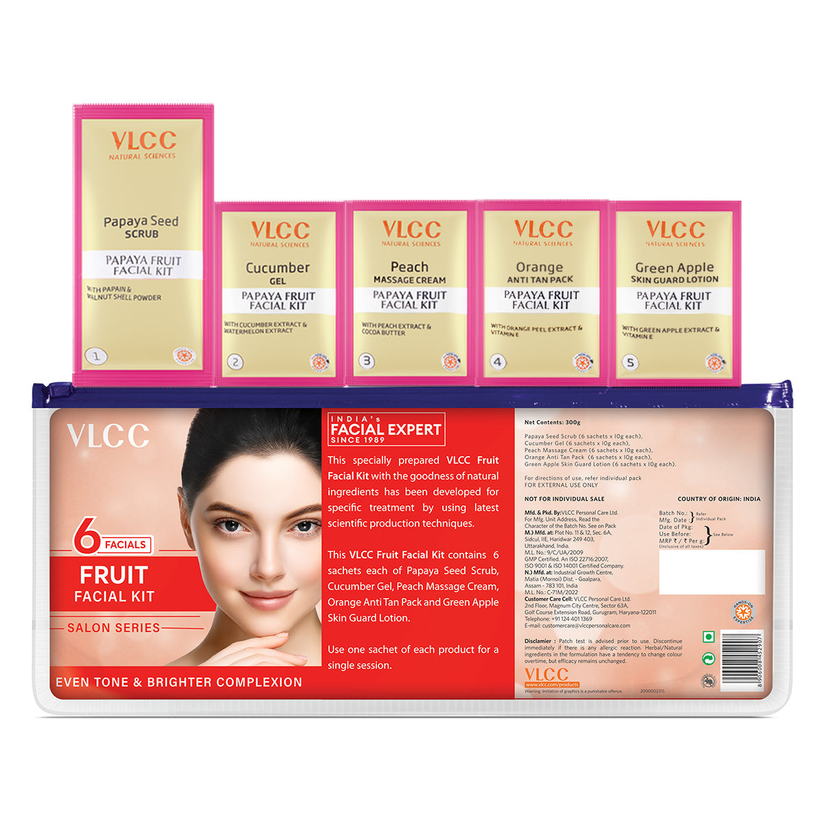 VLCC Fruit Facial Kit packaging with multiple facial packs and a larger box displaying product details.