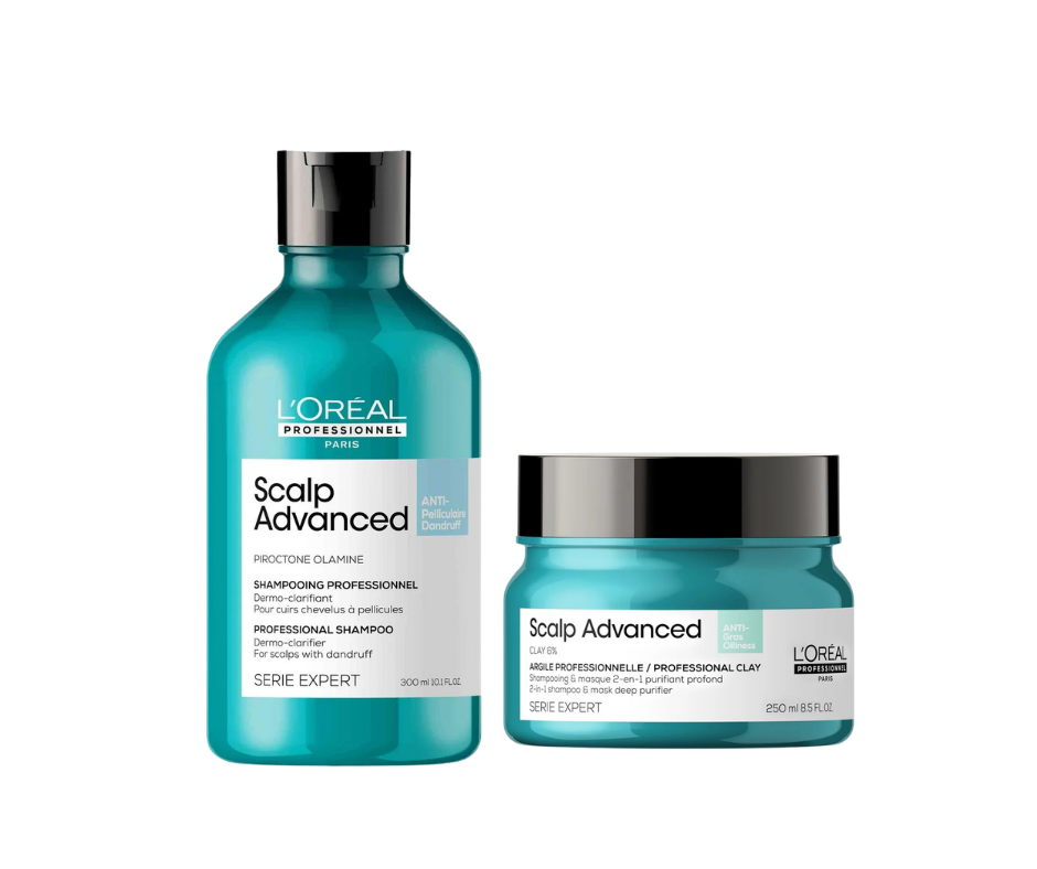 L'Oreal Professionnel Scalp Advanced Anti-Dandruff Shampoo, 300ml and Anti-Oiliness 2-in-1 Deep Purifier Clay Mask & Shampoo, 250ml – Combo