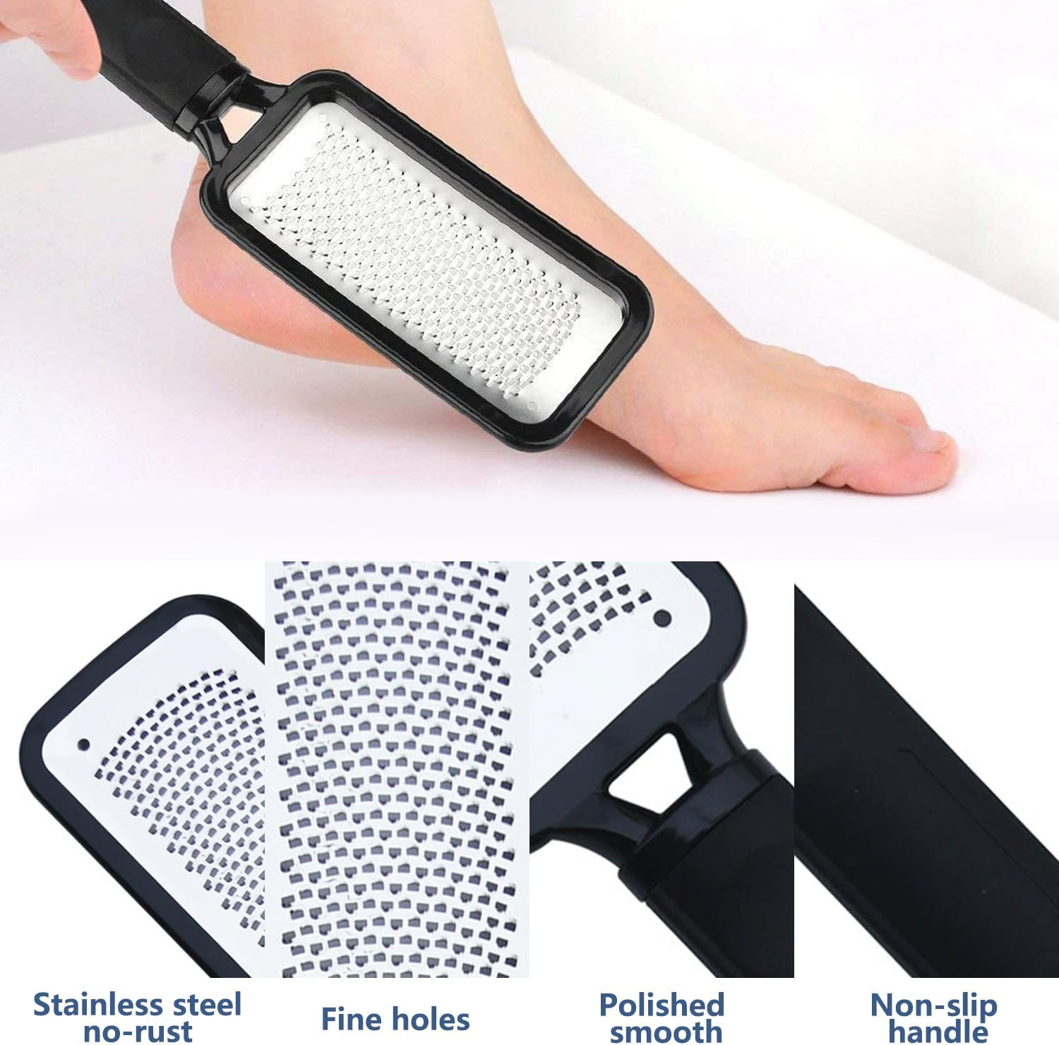 User holding the foot file under bathroom light