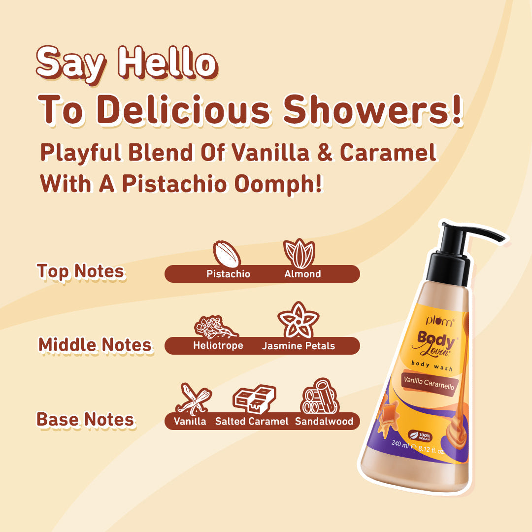 Plum Vanilla Caramello Body Wash by Plum Body Lovin' | SLS-Free | Hydrating Formula | Delicious Caramel Fragrance | Aloe-Infused Body Wash, 240ml