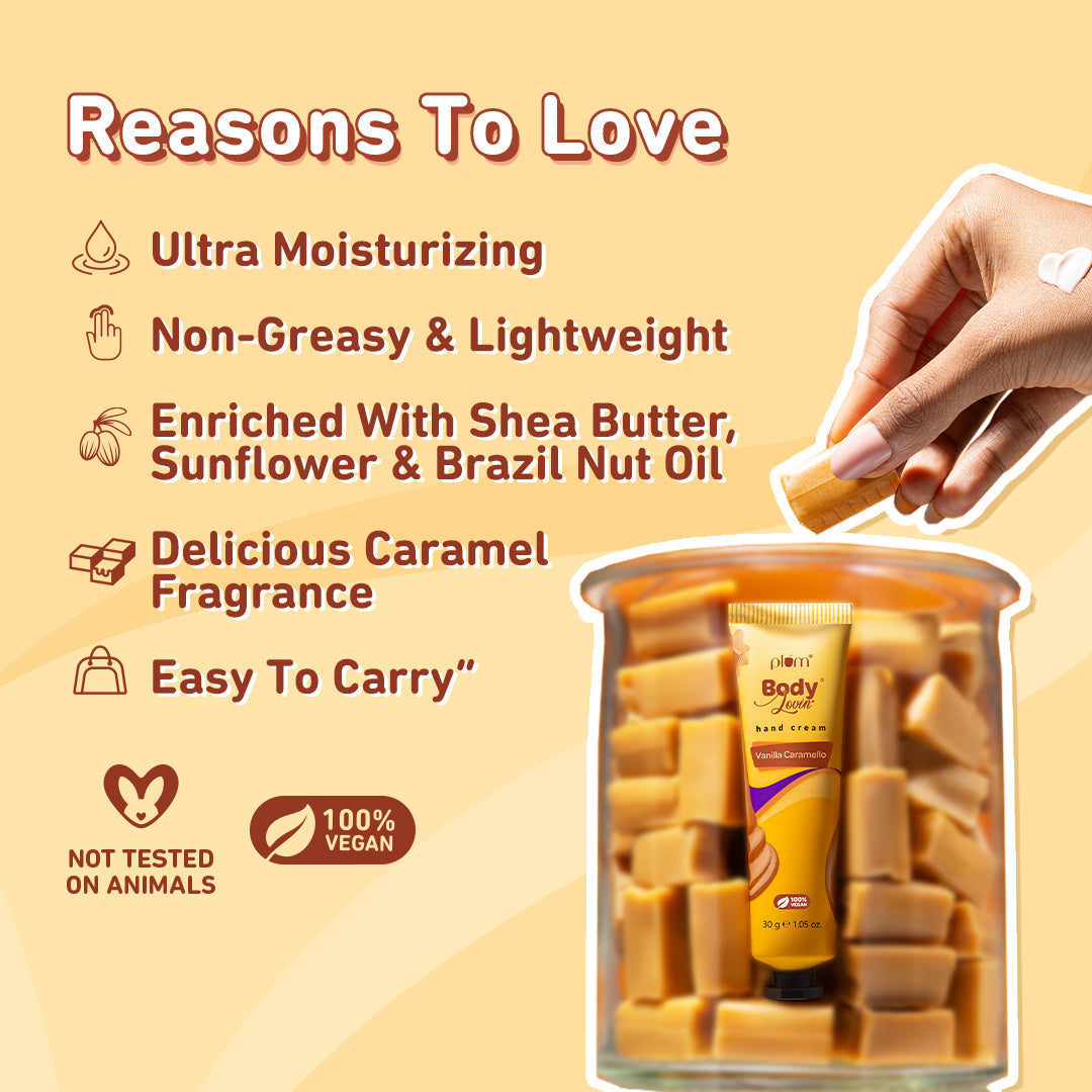 Plum Vanilla Caramello Hand Cream by Plum Body Lovin' | Ultra Moisturizing With Shea Butter | Warm Vanilla & Delicious Caramel Fragrance | Non-Greasy & Lightweight, 30g Buy at Indicrest Image 4