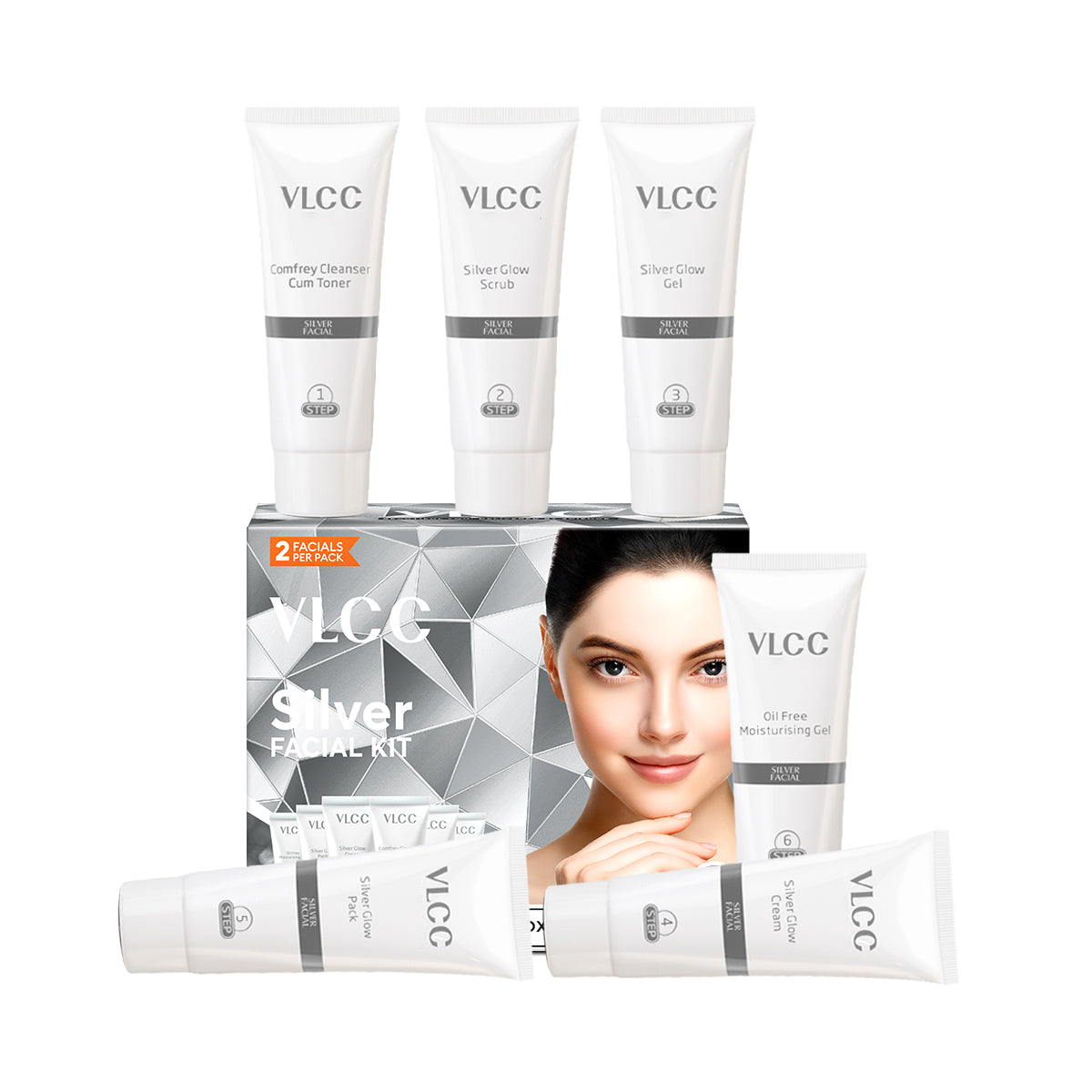 VLCC Silver Facial Kit with multiple skincare products on a white background